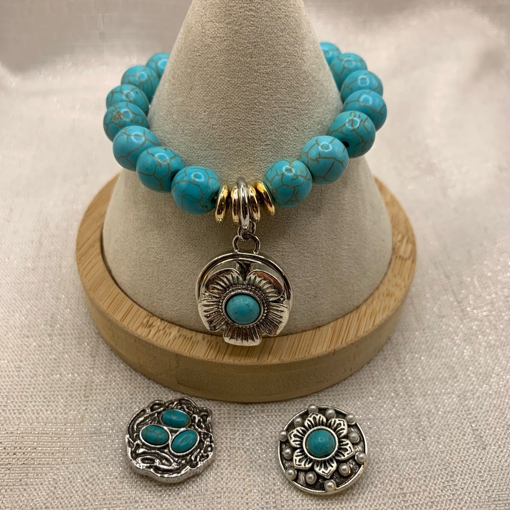 Turquoise Beaded Snap Button Bracelet with 3 Interchangeable Charms - 18mm/20mm